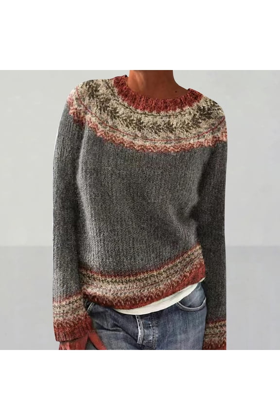 Fall Crew Neck Tops Women's Pullover Sweaters Women's Knitted Isle Print Retro Sweater Casual Crewneck Cropped Pullover Tops Fall Crew Neck Tops Pullover Sweate Cute Fall Red XXL