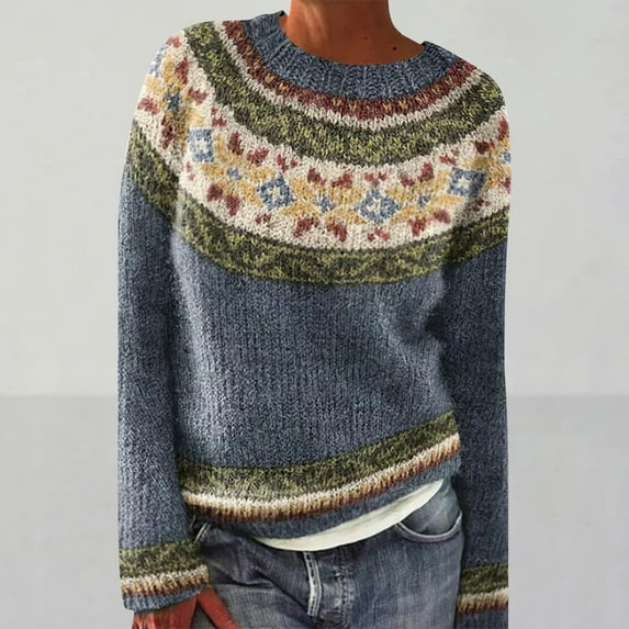 Delayuji Fall Crew Neck Tops Women's Pullover Sweaters Women's Knitted Isle Print Retro Sweater Casual Crewneck Cropped Pullover Tops Fall Crew Neck Tops Pullover Sweate Cute Fall Navy M