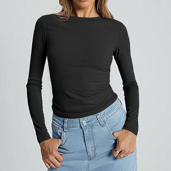 Delayuji Fashion A solid-color, form-fitting, round-neck, long-sleeved T-shirt for ladies