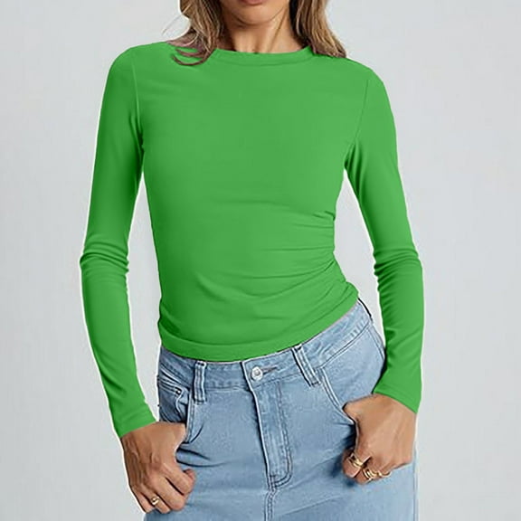 Delayuji Fashion A solid-color, form-fitting, round-neck, long-sleeved T-shirt for ladies