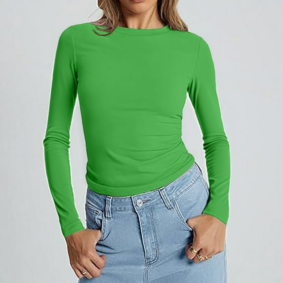 Delayuji Fashion A solid-color, form-fitting, round-neck, long-sleeved T-shirt for ladies