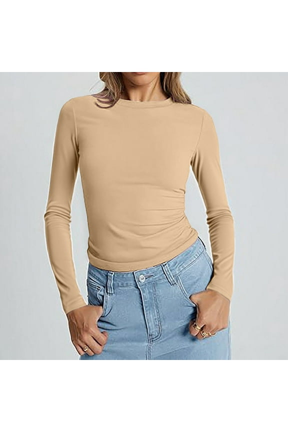 A solid-color, form-fitting, round-neck, long-sleeved T-shirt for ladies