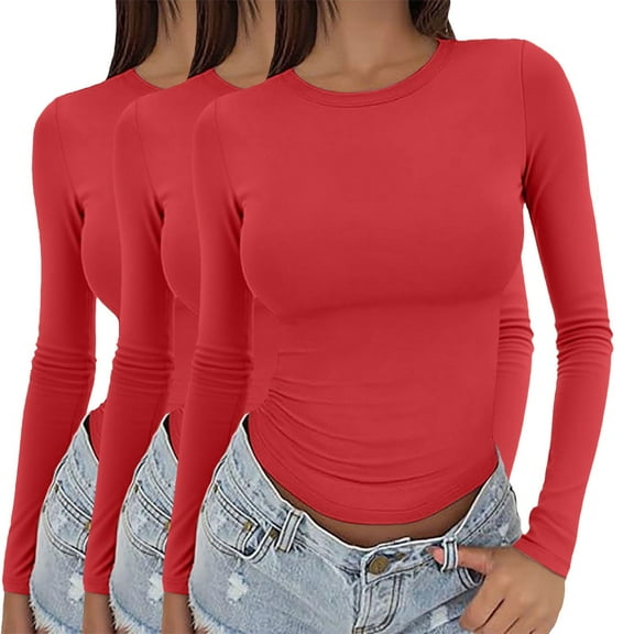 Delayuji Fashion Three solid-color, form-fitting, round-neck, long-sleeved T-shirts for ladies