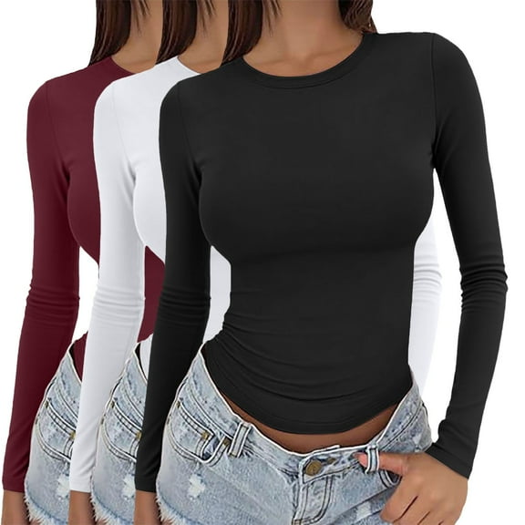 Delayuji Fashion Three solid-color, form-fitting, round-neck, long-sleeved T-shirts for ladies