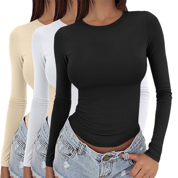 Delayuji Fashion Three solid-color, form-fitting, round-neck, long-sleeved T-shirts for ladies