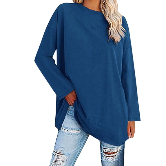 Delayuji Fashion Women's casual loose round-neck long-sleeved top solid color T-shirt