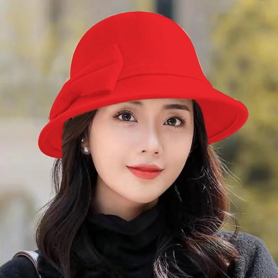Delayuji Fedora Hat for Women Solid Color Wide Brim Bowknot Decor Warm Wool Blend 56-58cm Head Circumference Autumn Winter Daily Travel Beach Hat