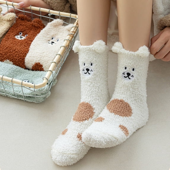 Delayuji Floor Socks For Women Autumn Winter Thick Embroidered Mid Length Polyester Coral Fleece Warm Indoor Home Sleep Socks Thick Warm Cozy Socks