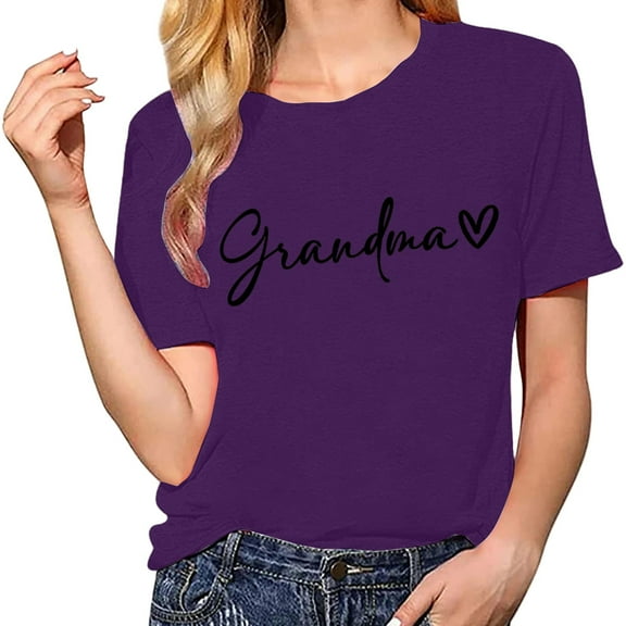 Delayuji Grandma Shirts for Women Shirt Heart Printed Casual Short Sleeve Tee Top Purple L Polyester,Spandex Short Sleeve Shirts for Women