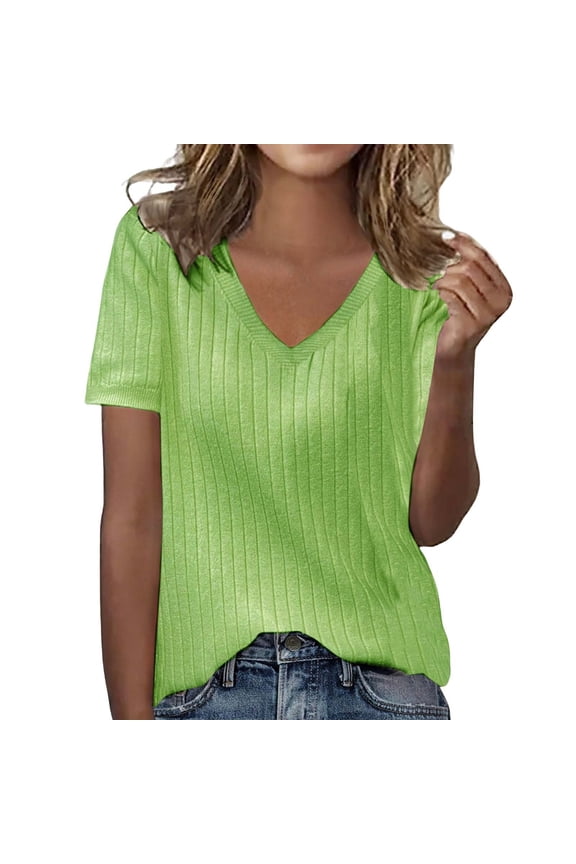 Knitted Short Sleeved Women's Slim and Versatile Striped Shirt Solid Color Knitted Sweater Green Xl Nylon,Spandex Short Sleeve Shirts for Women