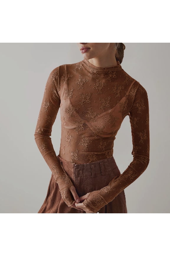 Lace Undershirt for Women Long Sleeve Tops Mesh Top Mesh Hallow Pullover Blouses Brown
