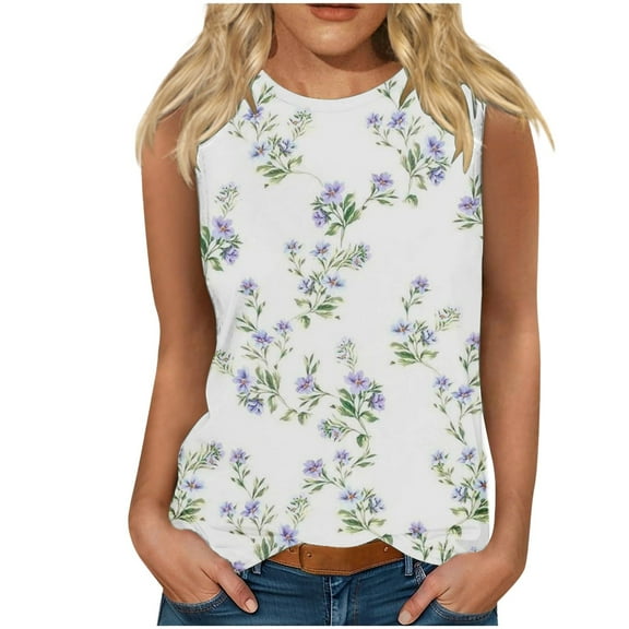 Delayuji Ladies' Summer Printed Fashionable Casual Sleeveless Top Blue Xxxl Polyester,Spandex Spring Tops for Women