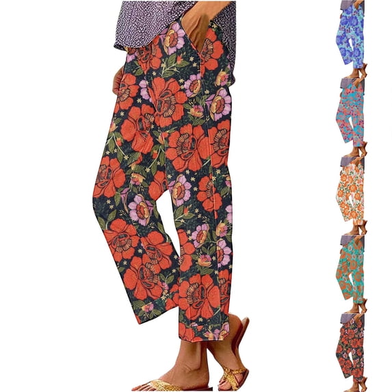 Delayuji Linen Pants for Woman Retro Floral Print Summer 2026 Elastic Waist Long Pant Resort Wear Beach Vacation Outfits