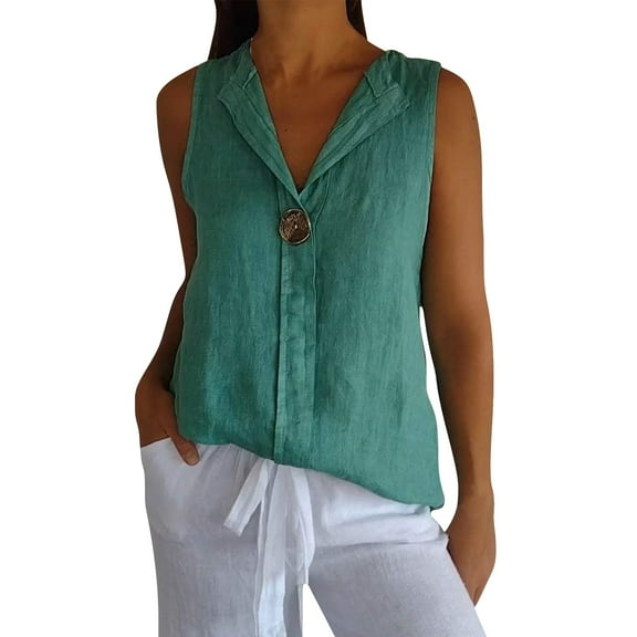 Delayuji Linen Shirts for Women V Neck Sleeveless Tank Top Summer Loose Collared Shirt Casual Work Blouse Lightweight Tops Green L Polyester,Spandex Spring Tops for Women