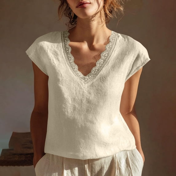Delayuji Linen Tops For Women with Lace Trim V Neck Cotton T-Shirts Cap Sleeve Casual Blouses Linen Tshirt Womens Summer Vacation Outfits