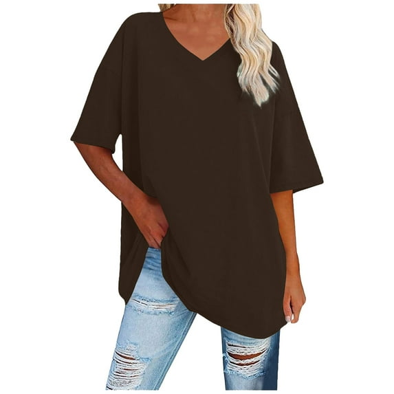 Delayuji Oversize T Shirt Women's Print Short Sleeve Round Neck Vintage V Neck Tops Casual Basic Summer Tee Shirts Blouse Brown Xl Polyester,Spandex Short Sleeve Shirts for Women