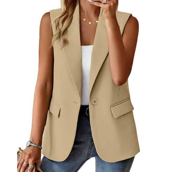 Delayuji Petite Blazers for Women Women Blazers for Work Casual Women's Sleeveless Coat Solid Color Cardigan Suit Casual Lapel Cardigan Jacket with Pockets Beige S