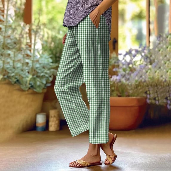 Delayuji Plaid Linen Pants For Women Loose Elastic Waist Casual Summer Palazzo Pants With Pockets