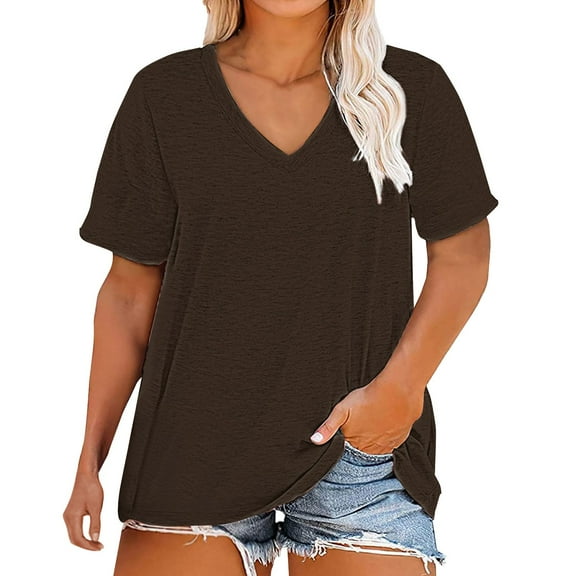Delayuji Plus Size V Neck T Shirts Women Short Sleeve Tops Casual Summer Tshirts Loose Fit Tee Brown L Polyester,Spandex Short Sleeve Shirts for Women