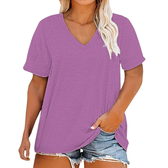 Delayuji Plus Size V Neck T Shirts Women Short Sleeve Tops Casual Summer Tshirts Loose Fit Tee Purple Xxl Polyester,Spandex Short Sleeve Shirts for Women