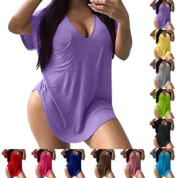 Delayuji Plus Size Womens Oversized Tshirt Casual V Neck Short Sleeve T Shirts Loose Fit Summer Tops Basic Tee Nightgown Sleepshirt for Women Loungewear Hot Pink M