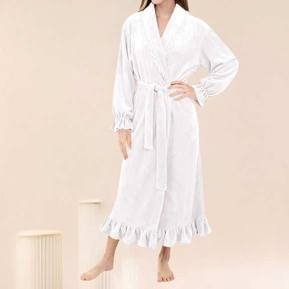 Delayuji Premium Robes for Women Plush Fleece Lace Trim Fuzzy Bathrobe Long Sleeve Nightgown Long Bath Robe Soft Bathrobe Warm Winter