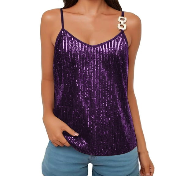 Delayuji Sequins Camisole Tops for Women Holiday Night Club Concert Outfits Spaghetti Strap Glitter Tank Tops Purple M Sequin Spring Tops for Women