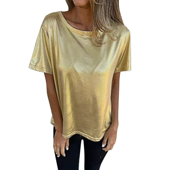 Delayuji Short Sleeve Shirts for Women Fashion Crewneck Loose Solid Ladies Tops and Blouse Comfy Gold Xxl Cotton Short Sleeve Shirts for Women