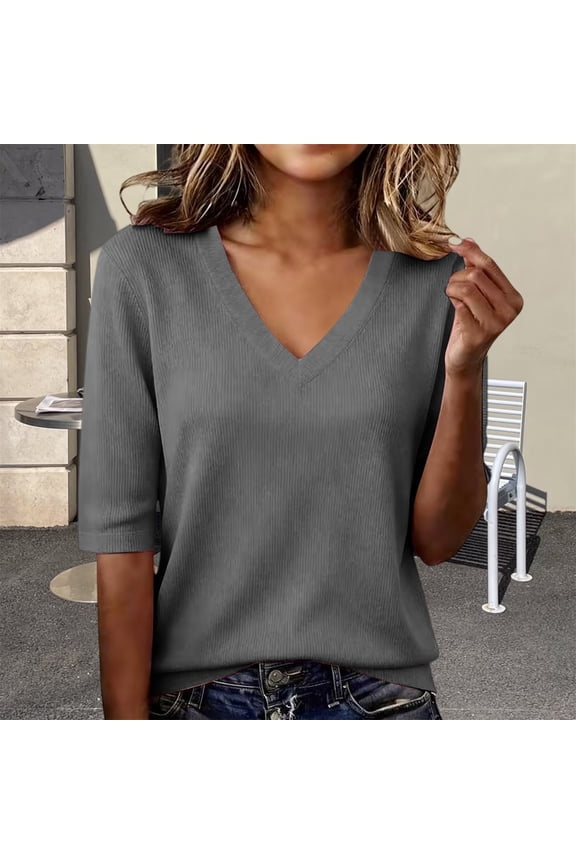 Short Sleeve Tshirt For Women Summer Thread Neck T Shirts Loose Fit Casual Lightweight Basic Tee Classic T-shirt Work Blouse Daily Wear Grey M