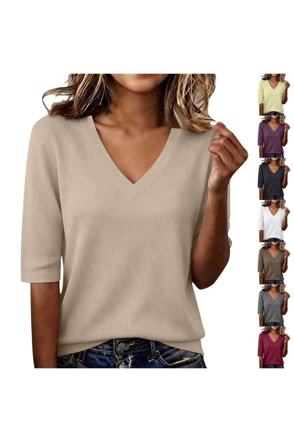 Short Sleeve Tshirt For Women Summer Thread Neck T Shirts Loose Fit Casual Lightweight Basic Tee Classic T-shirt Work Blouse Daily Wear Khaki M
