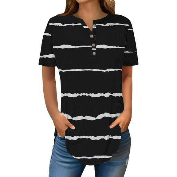 Delayuji Short Sleeve Womens Tops 2025 Spring Neck Casual Print Tunic T Shirts Womens Tops Black M Polyester,Spandex Short Sleeve Shirts for Women