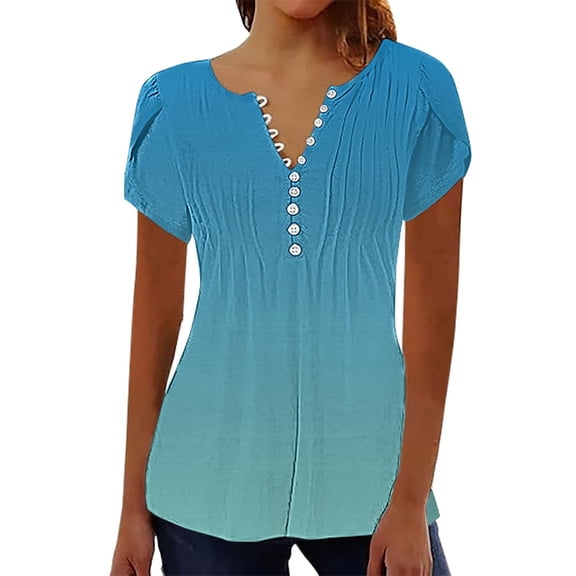 Delayuji Short Sleeve Womens Tops 2025 Spring Neck Casual Print Tunic T Shirts Womens Tops Blue L Polyester,Spandex Short Sleeve Shirts for Women