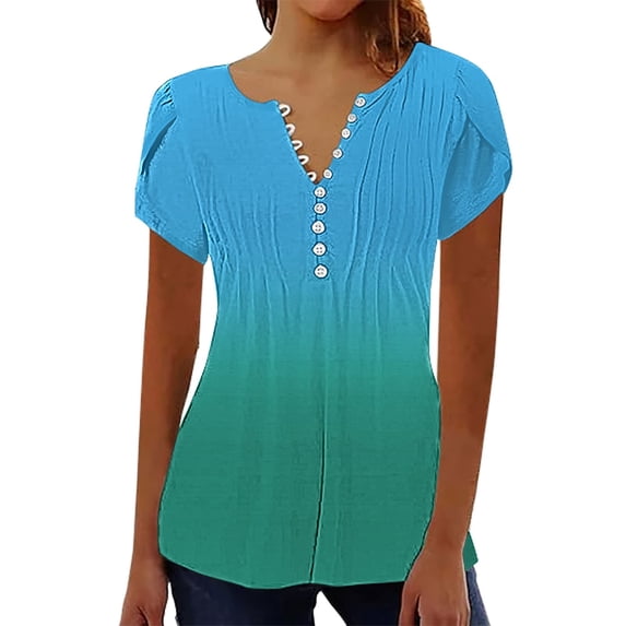 Delayuji Short Sleeve Womens Tops 2025 Spring Neck Casual Print Tunic T Shirts Womens Tops Blue S Polyester,Spandex Short Sleeve Shirts for Women