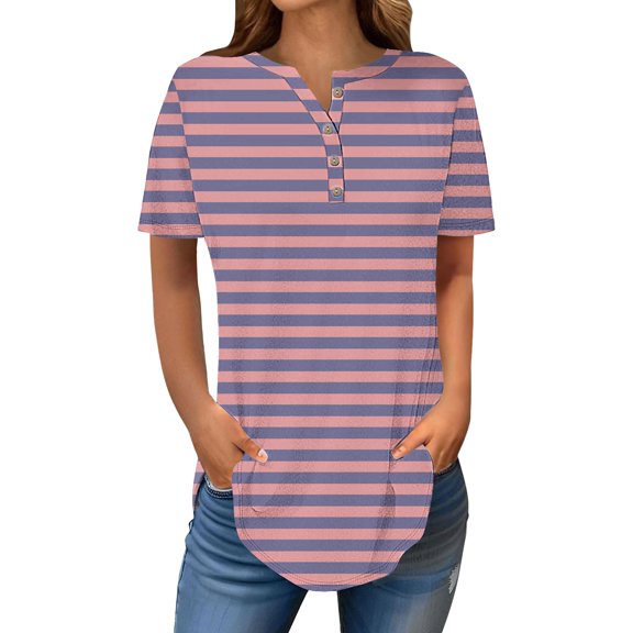 Delayuji Short Sleeve Womens Tops 2025 Spring Neck Casual Print Tunic T Shirts Womens Tops Pink Xl Polyester,Spandex Short Sleeve Shirts for Women