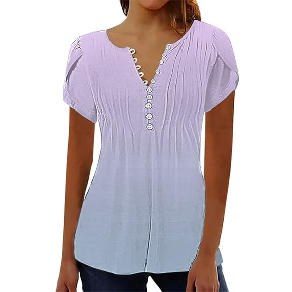 Delayuji Short Sleeve Womens Tops 2025 Spring Neck Casual Print Tunic T Shirts Womens Tops Purple S Polyester,Spandex Short Sleeve Shirts for Women