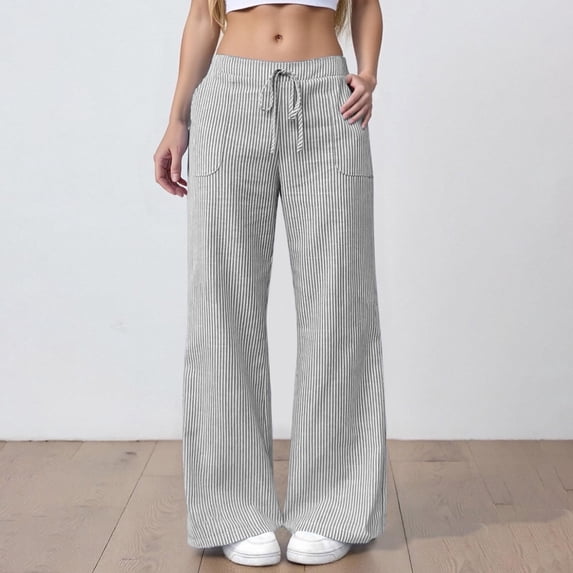 Delayuji Striped Linen Pants for Women Wide Leg Pant Elastic Waist Lightweight Casual Pants Trousers Streestwear
