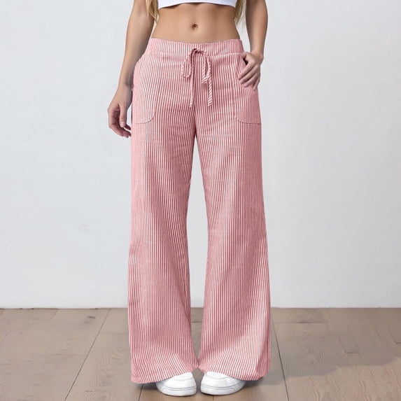 Delayuji Striped Linen Pants for Women Wide Leg Pant Elastic Waist Lightweight Casual Pants Trousers Streestwear
