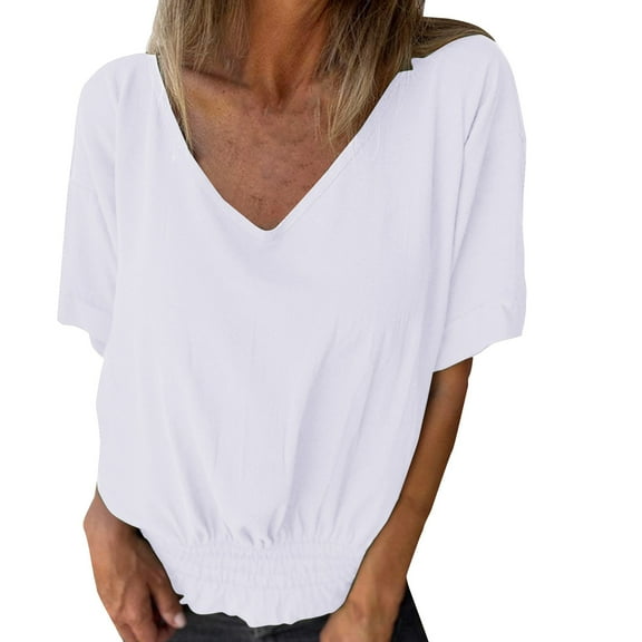 Delayuji Summer New Loose T Shirt for Women V Neck Casual Cotton and Linen Blouse Women White Xl Cotton and Linen Short Sleeve Shirts for Women
