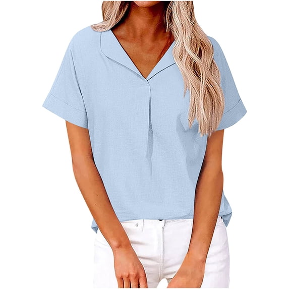 Delayuji Summer Shirts for Women Loose Fit Business Casual Short Sleeve Cotton Linen Shirt Blue Xl Cotton and Linen Short Sleeve Shirts for Women