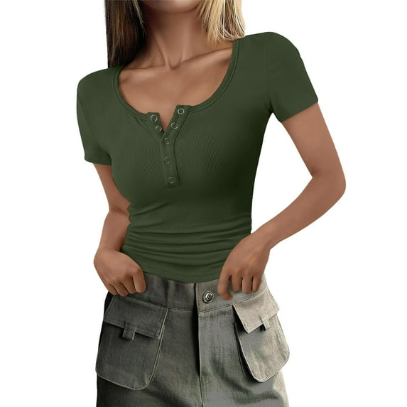 Delayuji Summer Solid Color Casual T Shirt U Neck Pullover Tight Short Sleeved Top Women Green Xxxl Threadcloth Short Sleeve Shirts for Women