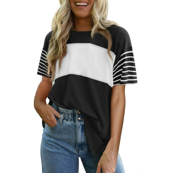 Delayuji Summer Tops Trendy Oversized 2025 Crewneck Casual Color Block Striped Womens Shirts Blouses Black S Polyester,Spandex Short Sleeve Shirts for Women