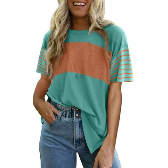 Delayuji Summer Tops Trendy Oversized 2025 Crewneck Casual Color Block Striped Womens Shirts Blouses Blue L Polyester,Spandex Short Sleeve Shirts for Women
