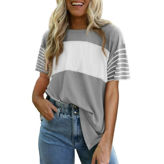 Delayuji Summer Tops Trendy Oversized 2025 Crewneck Casual Color Block Striped Womens Shirts Blouses Gray S Polyester,Spandex Short Sleeve Shirts for Women