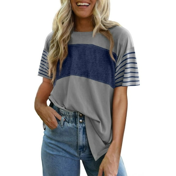 Delayuji Summer Tops Trendy Oversized 2025 Crewneck Casual Color Block Striped Womens Shirts Blouses Gray Xxl Polyester,Spandex Short Sleeve Shirts for Women