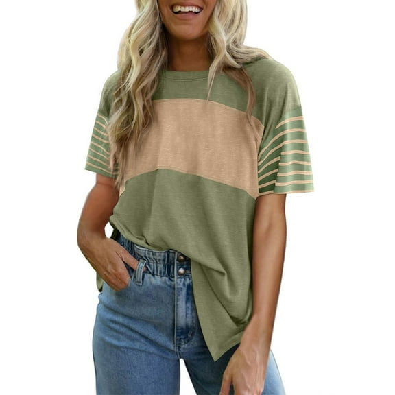 Delayuji Summer Tops Trendy Oversized 2025 Crewneck Casual Color Block Striped Womens Shirts Blouses Green L Polyester,Spandex Short Sleeve Shirts for Women