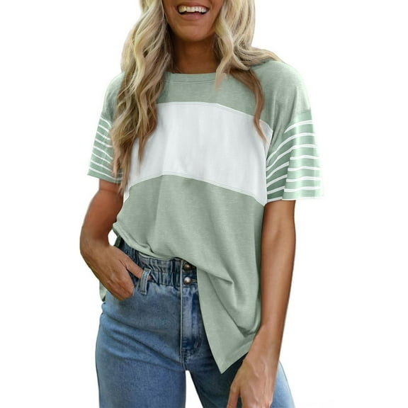 Delayuji Summer Tops Trendy Oversized 2025 Crewneck Casual Color Block Striped Womens Shirts Blouses Green Xxl Polyester,Spandex Short Sleeve Shirts for Women