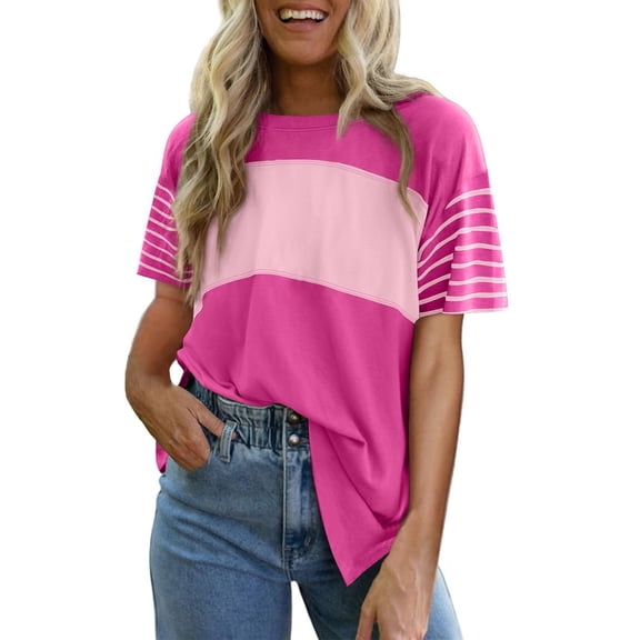 Delayuji Summer Tops Trendy Oversized 2025 Crewneck Casual Color Block Striped Womens Shirts Blouses Pink L Polyester,Spandex Short Sleeve Shirts for Women