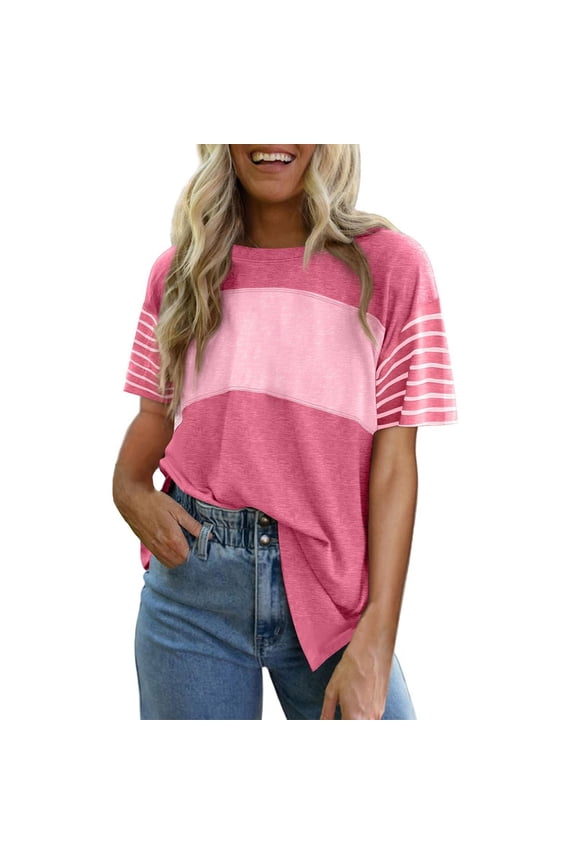 Summer Tops Trendy Oversized 2025 Crewneck Casual Color Block Striped Womens Shirts Blouses Pink S Polyester,Spandex Short Sleeve Shirts for Women