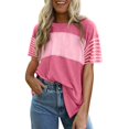 thumbnail image 1 of Delayuji Summer Tops Trendy Oversized 2025 Crewneck Casual Color Block Striped Womens Shirts Blouses Pink Xxl Polyester,Spandex Short Sleeve Shirts for Women, 1 of 5