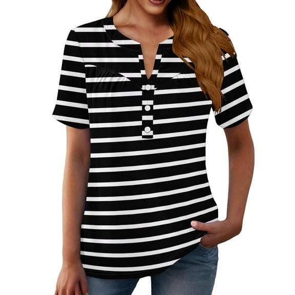 Delayuji Summer Tops for Women 2025 New Shirts Short Sleeve T Shirt Trendy Tops Spring Casual Shirt Clothes Black M Polyester,Spandex Short Sleeve Shirts for Women